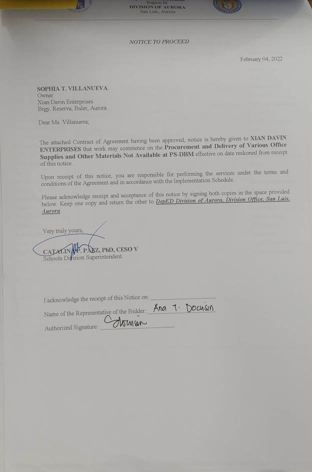 Notice to Proceed Procurement and Delivery of Various Office Supplies